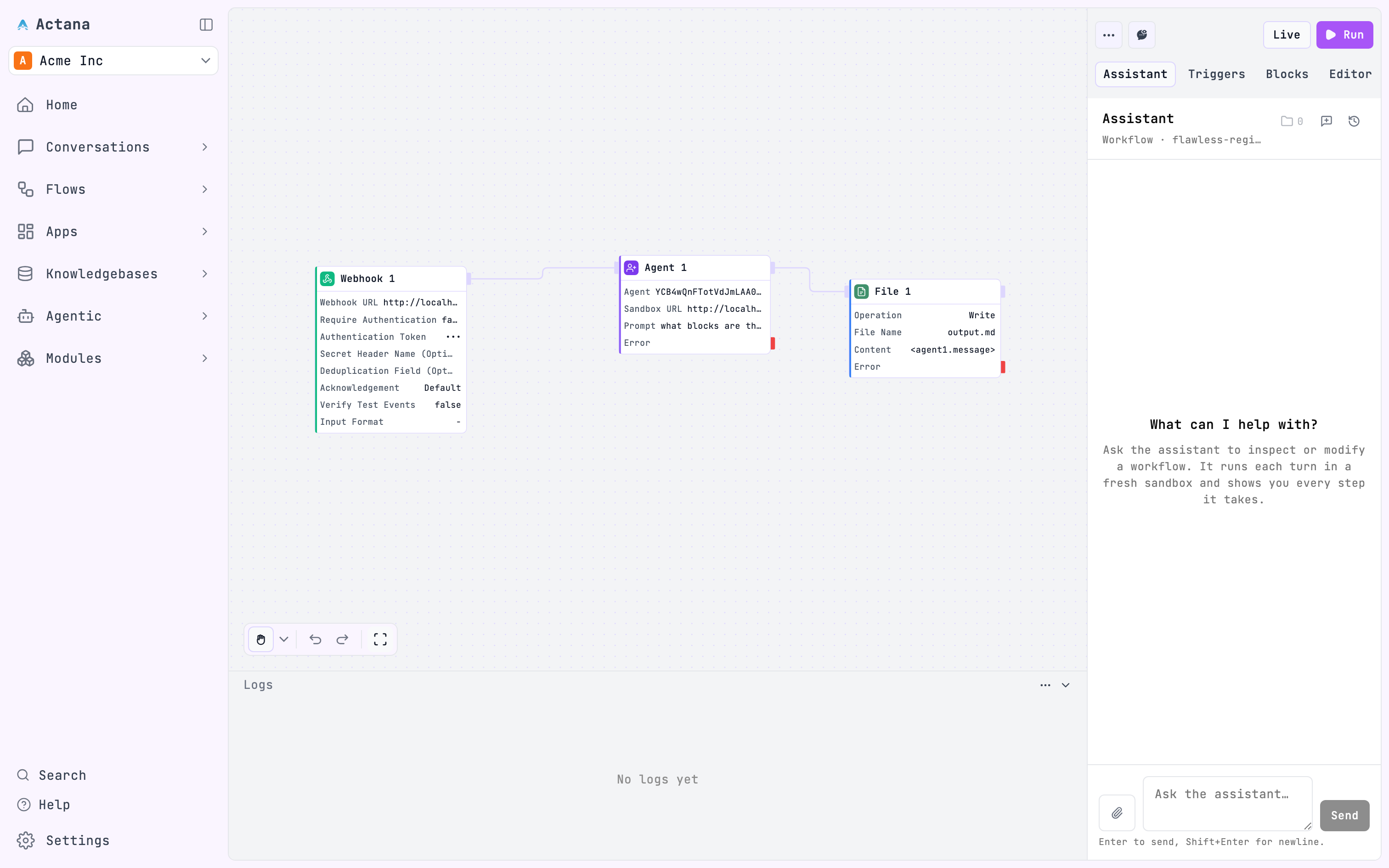 A workflow laid out on the Actana canvas, with steps connected in order
